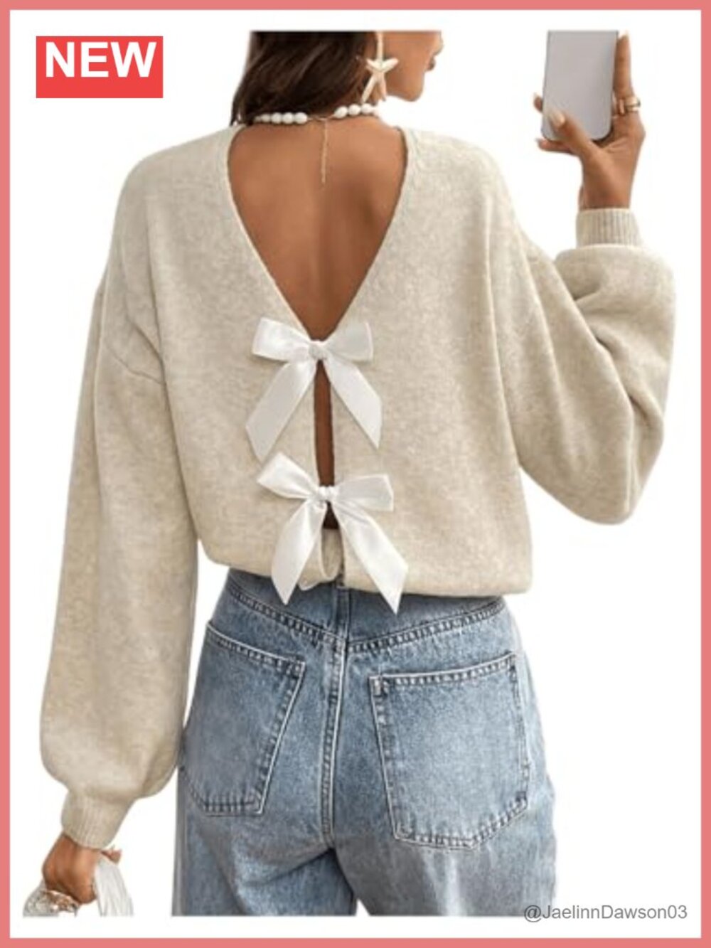 Open Back Knit Sweater Long Sleeve Bow Pullover Crew Neck Drop Shoulder